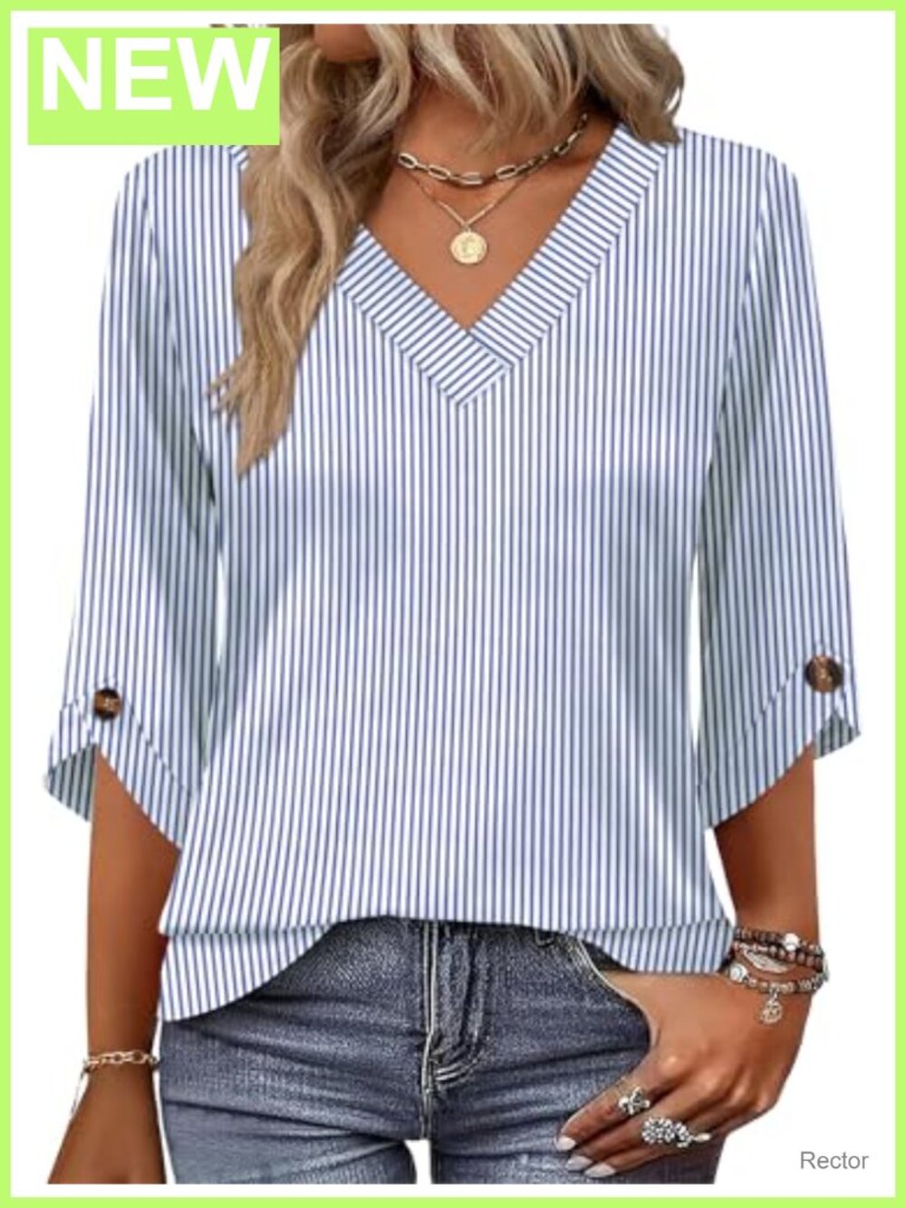 Womens 3/4 Sleeve V Neck Blouse Loose Fit Casual T-Shirt Top